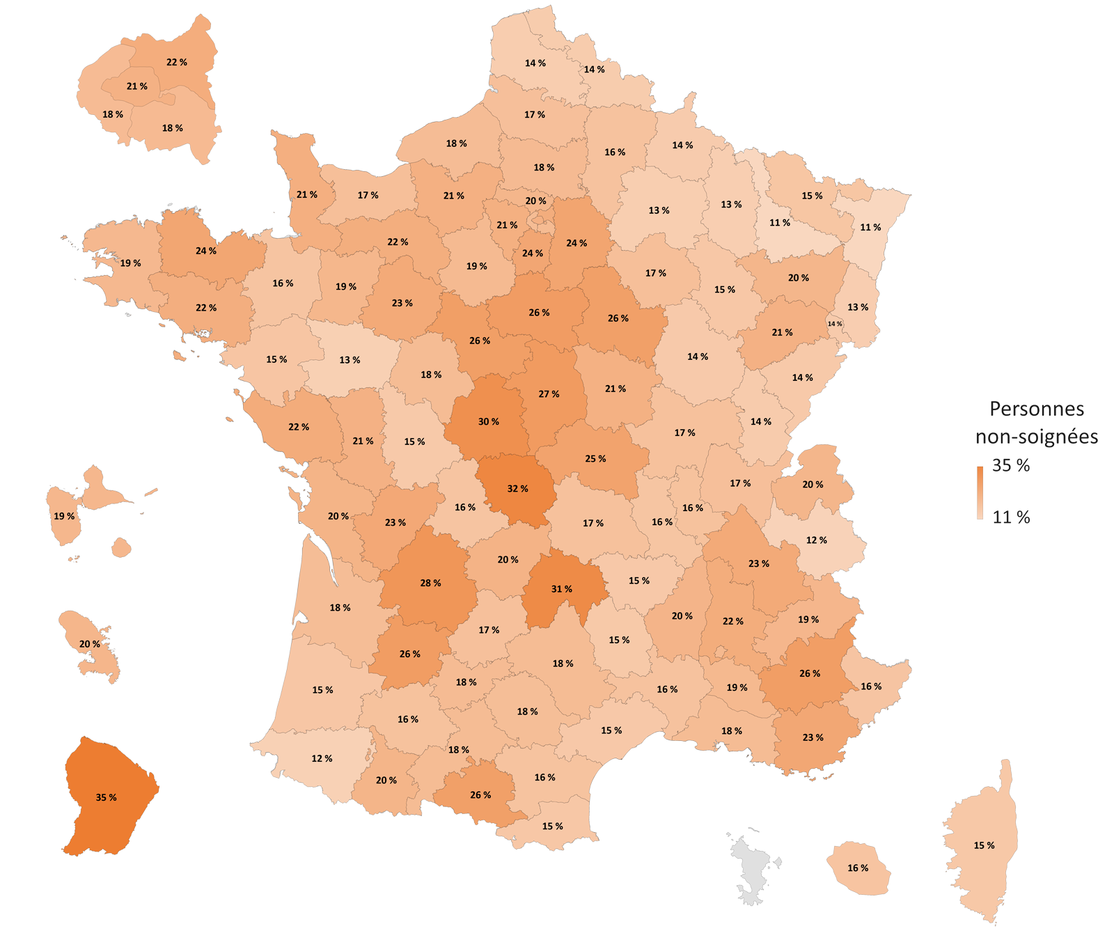 Carte de France du taux de soin par département entre le 1er janvier et le 31 décembre 2022.