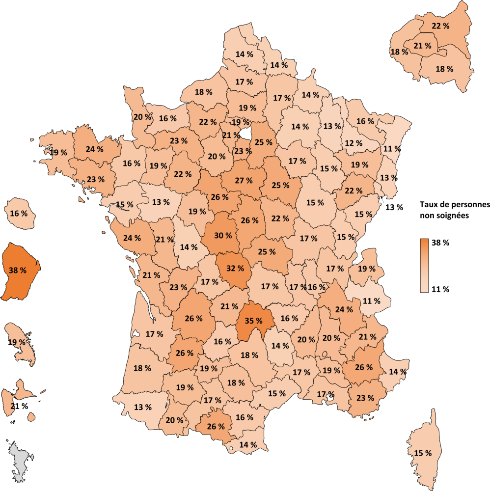 Carte de France du taux de soin par département entre le 1er avril 2022 et le 31 mars 2023.