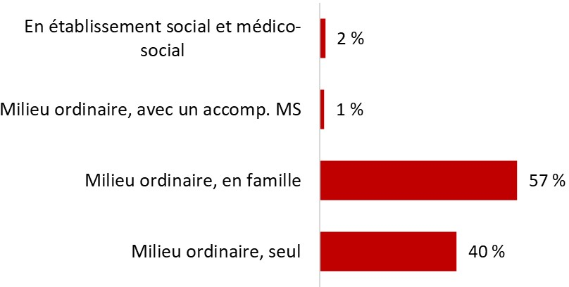 2 % en établissement social ou médico-social, 1 % en milieu ordinaire, accompagné par le médico-social, 57 % en milieu ordinaire, en famille, 40 % en milieu ordinaire, seul.