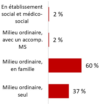 3 % en établissement social ou médico-social, 1 % en milieu ordinaire, accompagné par le médico-social, 40 % en milieu ordinaire, seul, 56 % en milieu ordinaire, en famille.