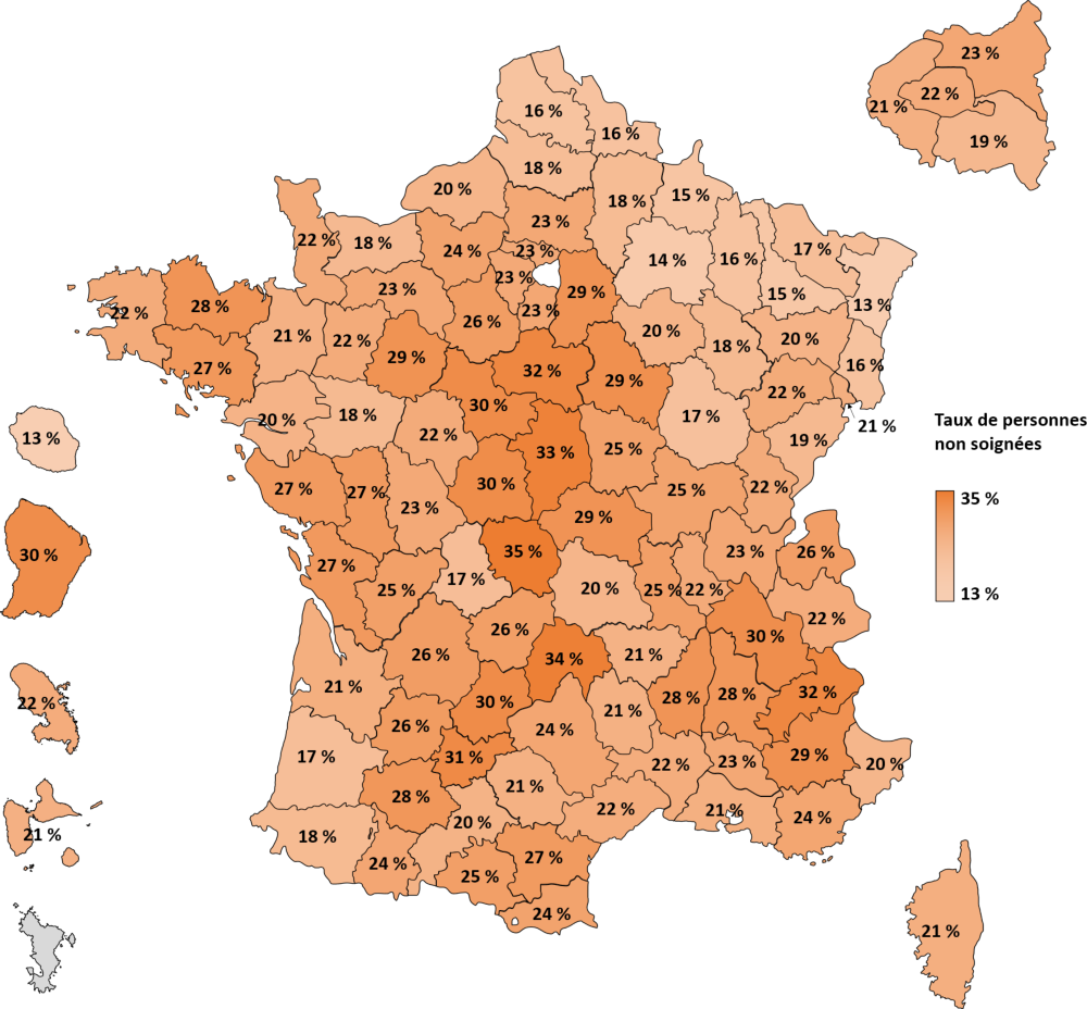Carte de France du taux de soin par département entre le 1er janvier et le 31 décembre 2023.