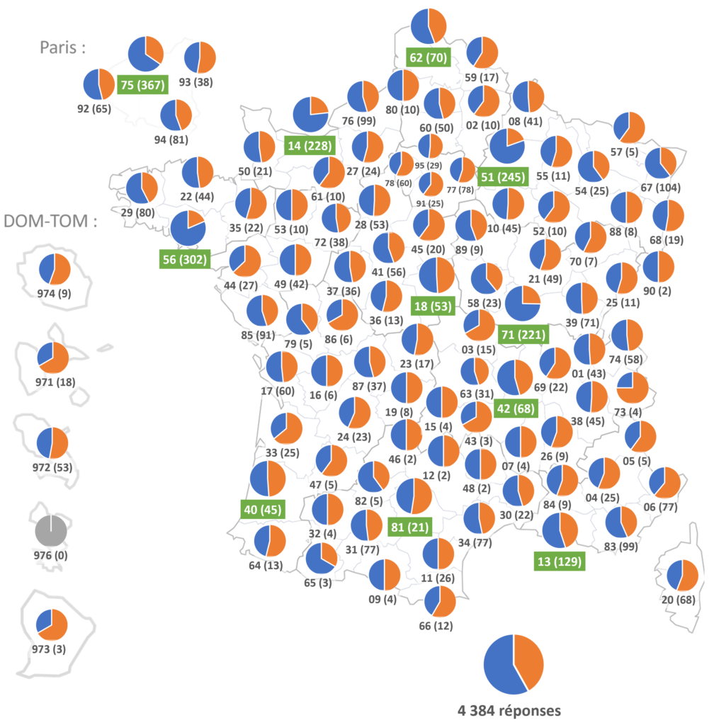 Carte de France du taux de soin par département du dernier trimestre de 2020